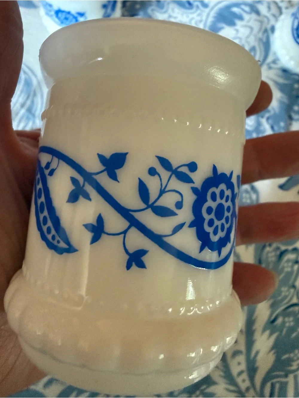 Set Of 5 Vintage Hazel Atlas Milk Glass Blue Floral Pattern Jar with Lid Trinket